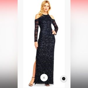 AIDAN MATTOX TWILIGHT SEQUINED STRIPED COLD-SHOULDER EVENING DRESS